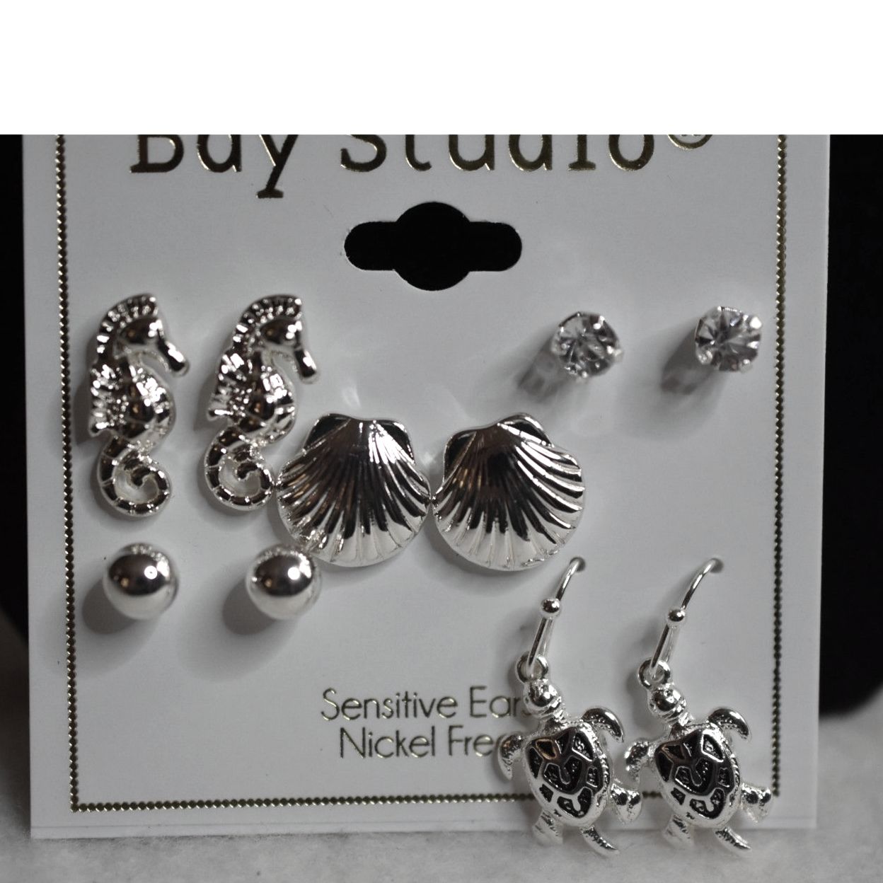 Nwt Bay Studio Beachy Silver Tone Sea HorseTurtleShellCrystal 5 Pr Earrings 8$